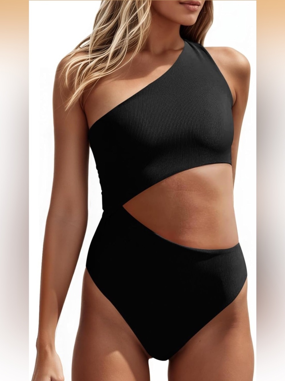 One Piece Ribbed Swimsuit One Shoulder Cutout L/ 1101-6